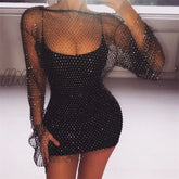 Hnewly New Crystal Diamond Sexy Bodycon Dress Women Hollow Out Long Sleeve Mini Summer See Through